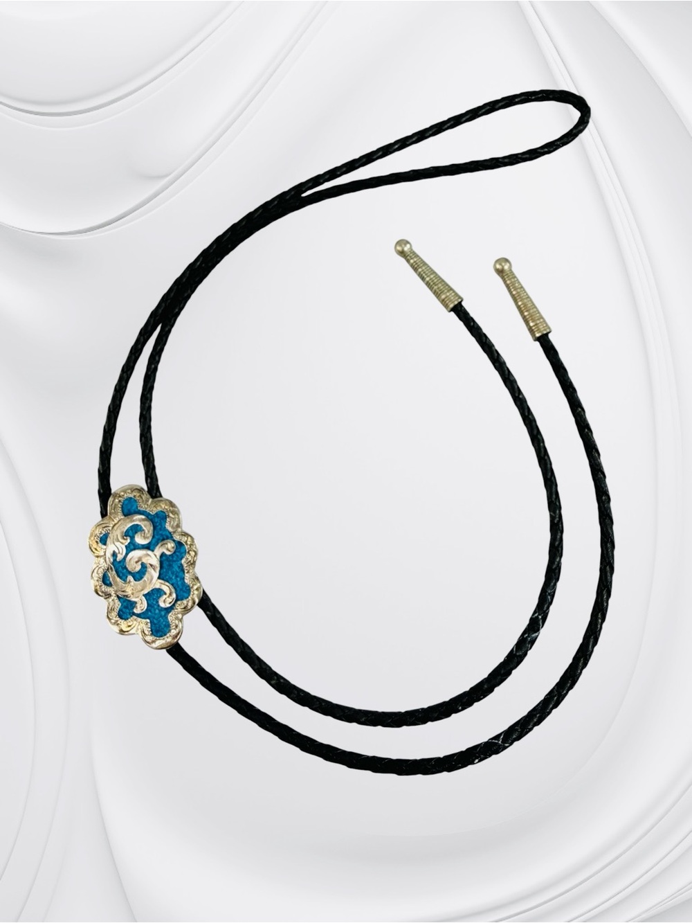 Vintage Turquoise Chip Inlay Bolo Tie Southwest Black Leather Cord Silver Color